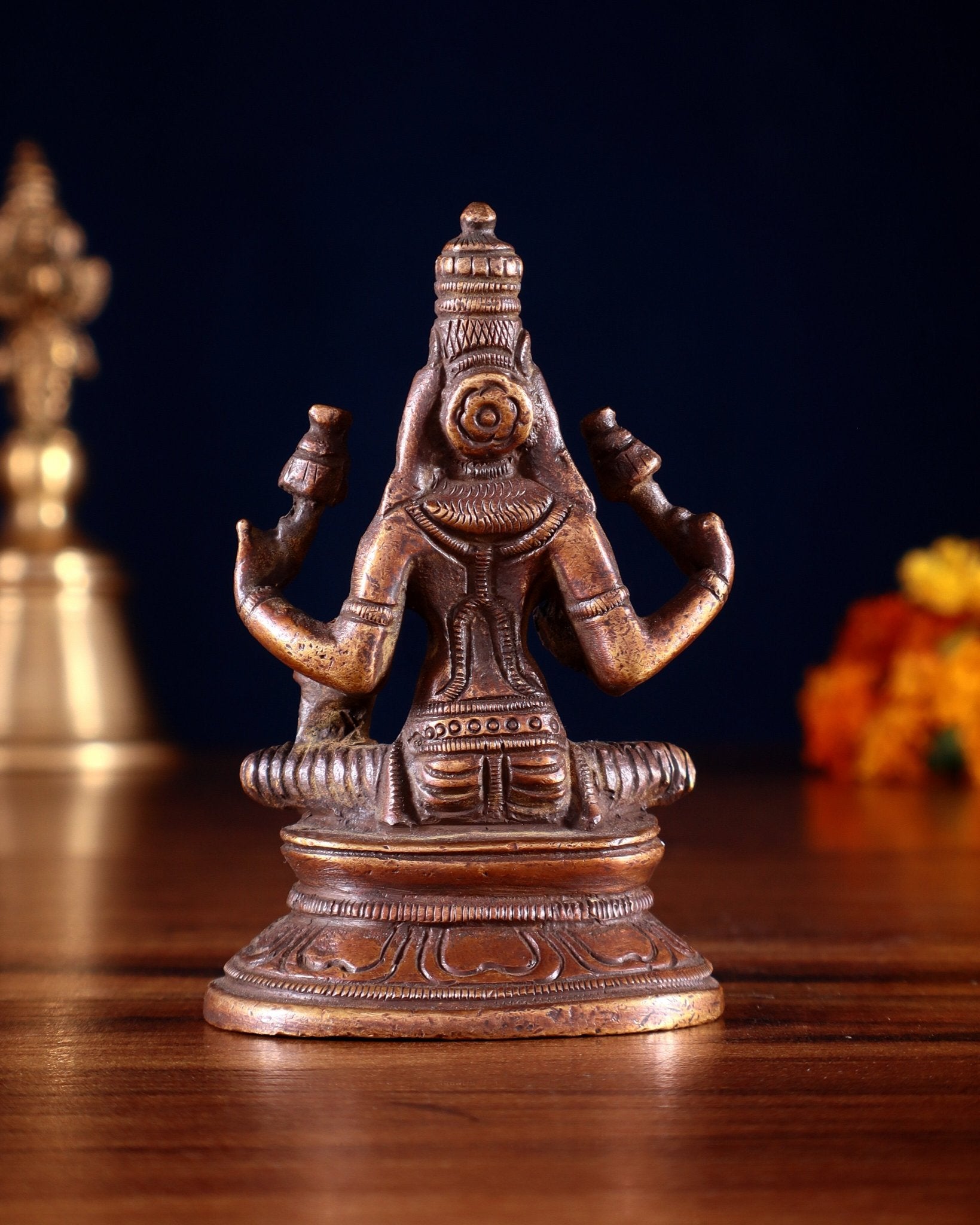 Pure Brass Small Goddess Lakshmi Idol | 3.5 Inch Dark antique - Budhshiv.com
