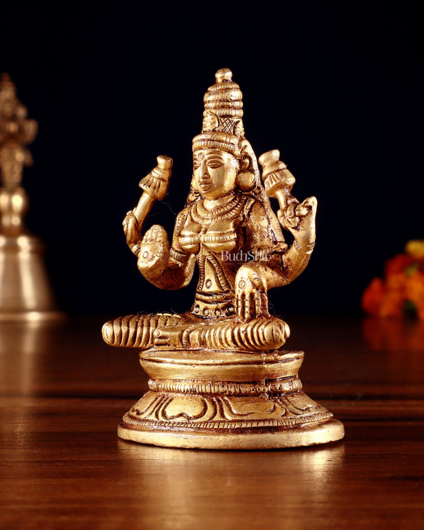 Pure Brass Small Goddess Lakshmi Idol | 3.5 Inch golden butter tone - Budhshiv.com