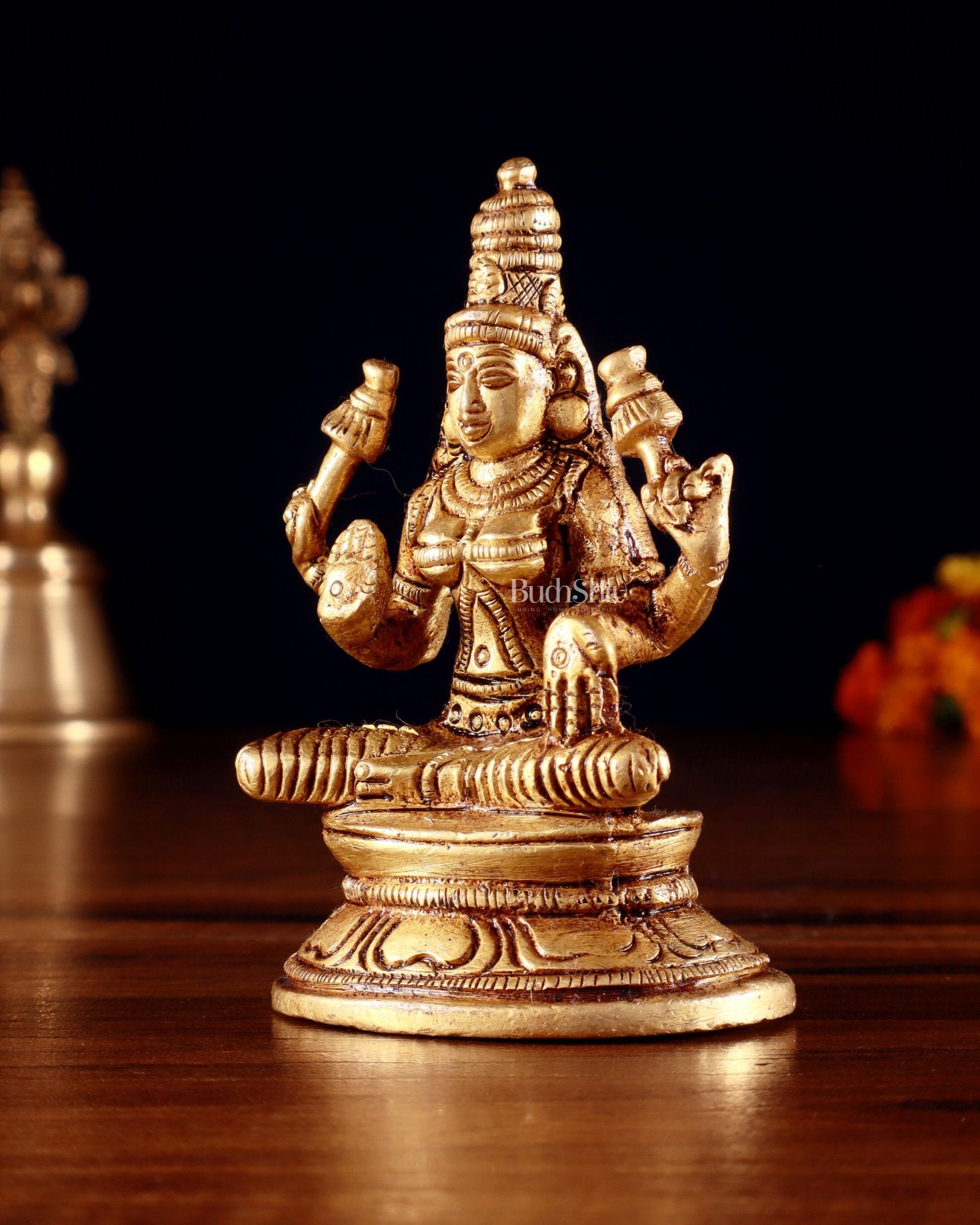 Pure Brass Small Goddess Lakshmi Idol | 3.5 Inch golden butter tone - Budhshiv.com