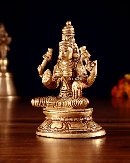 Pure Brass Small Goddess Lakshmi Idol | 3.5 Inch golden butter tone - Budhshiv.com