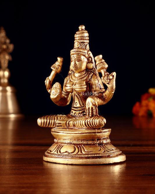 Pure Brass Small Goddess Lakshmi Idol | 3.5 Inch golden butter tone - Budhshiv.com