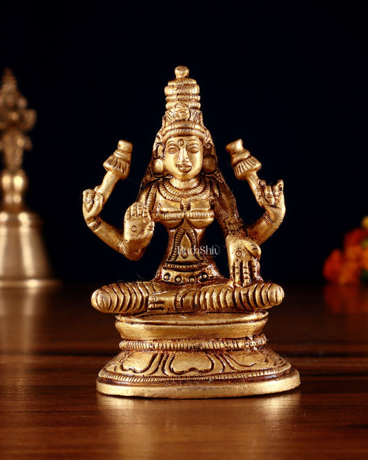 Pure Brass Small Goddess Lakshmi Idol | 3.5 Inch golden butter tone - Budhshiv.com