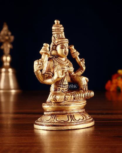 Pure Brass Small Goddess Lakshmi Idol | 3.5 Inch golden butter tone - Budhshiv.com