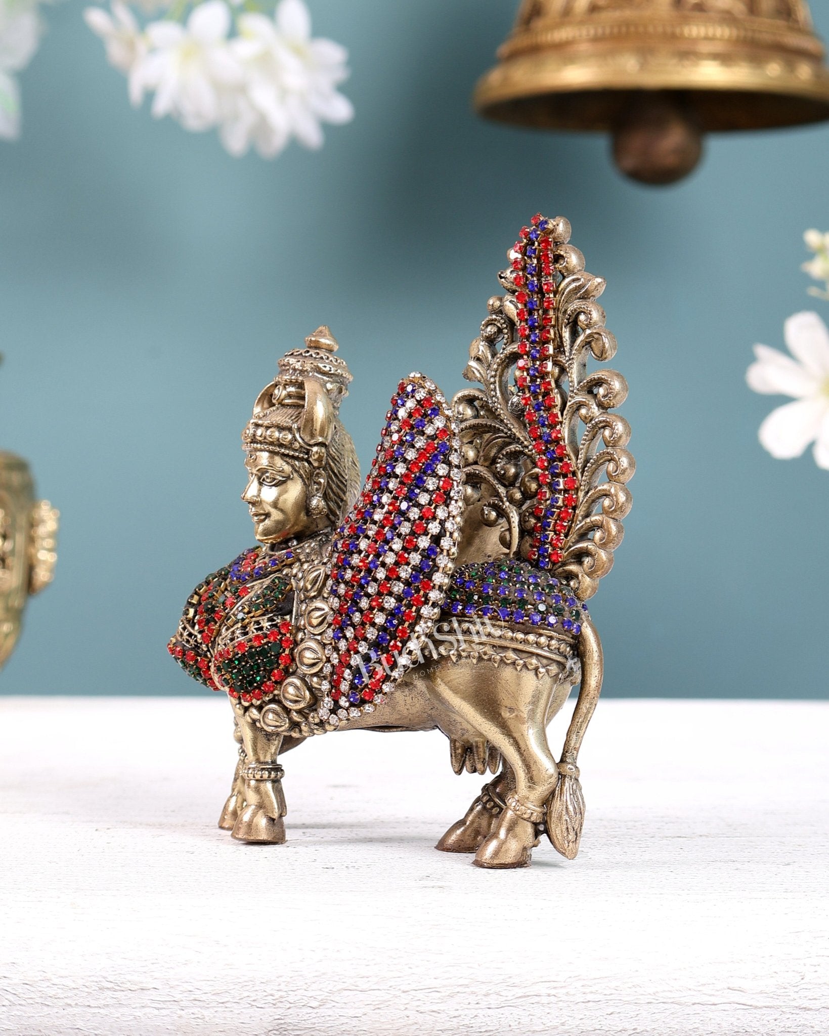 Pure Brass Small Kamdhenu Cow with Wings Idol - 4.5" Tall with jewelry work - Budhshiv.com