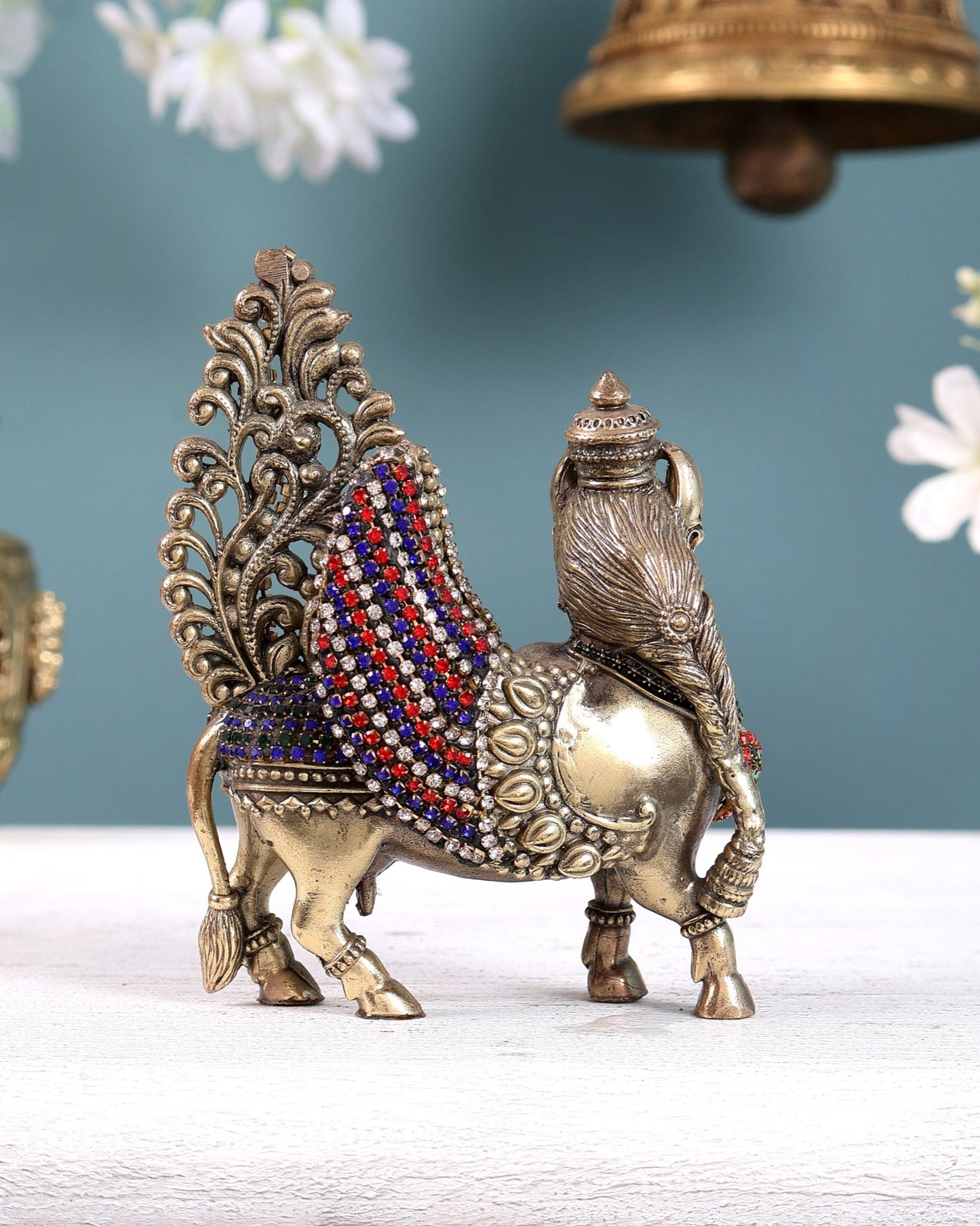 Pure Brass Small Kamdhenu Cow with Wings Idol - 4.5" Tall with jewelry work - Budhshiv.com