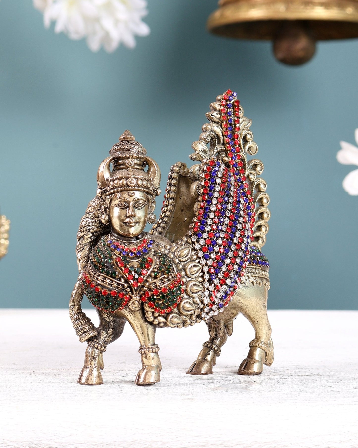 Pure Brass Small Kamdhenu Cow with Wings Idol - 4.5" Tall with jewelry work - Budhshiv.com