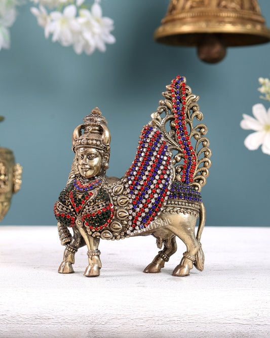Pure Brass Small Kamdhenu Cow with Wings Idol - 4.5" Tall with jewelry work - Budhshiv.com