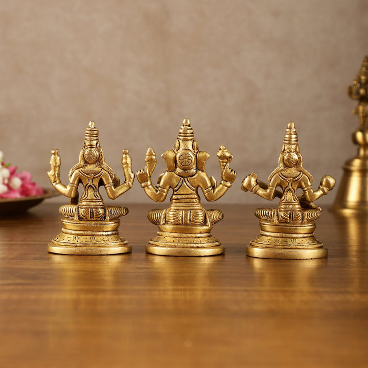 Pure Brass Small Lord Ganesha, Goddess Lakshmi, and Goddess Saraswati Idol Set | 3.5 Inch - Budhshiv.com