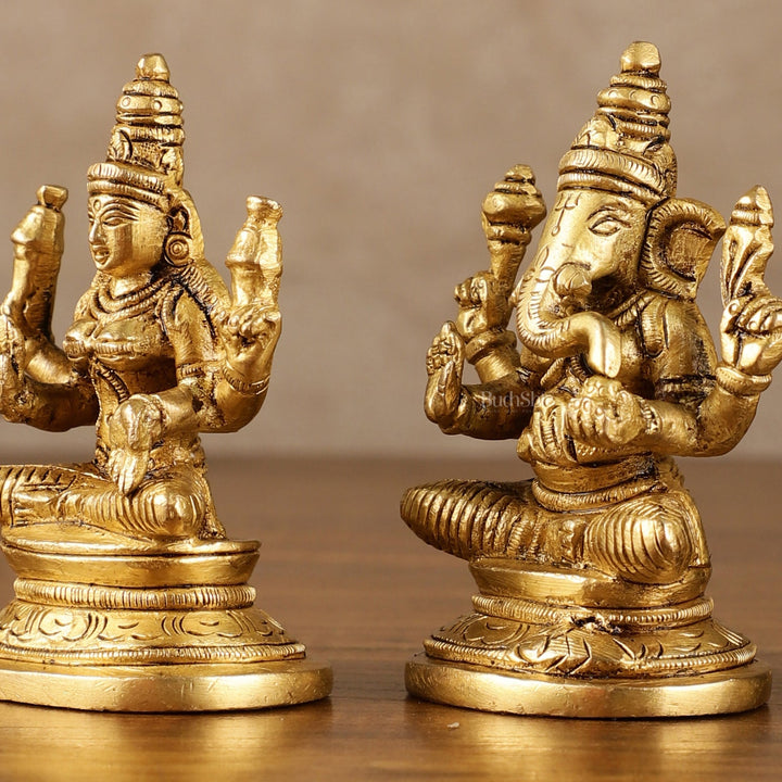 Pure Brass Small Lord Ganesha, Goddess Lakshmi, and Goddess Saraswati Idol Set | 3.5 Inch - Budhshiv.com