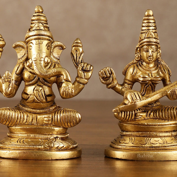 Pure Brass Small Lord Ganesha, Goddess Lakshmi, and Goddess Saraswati Idol Set | 3.5 Inch - Budhshiv.com