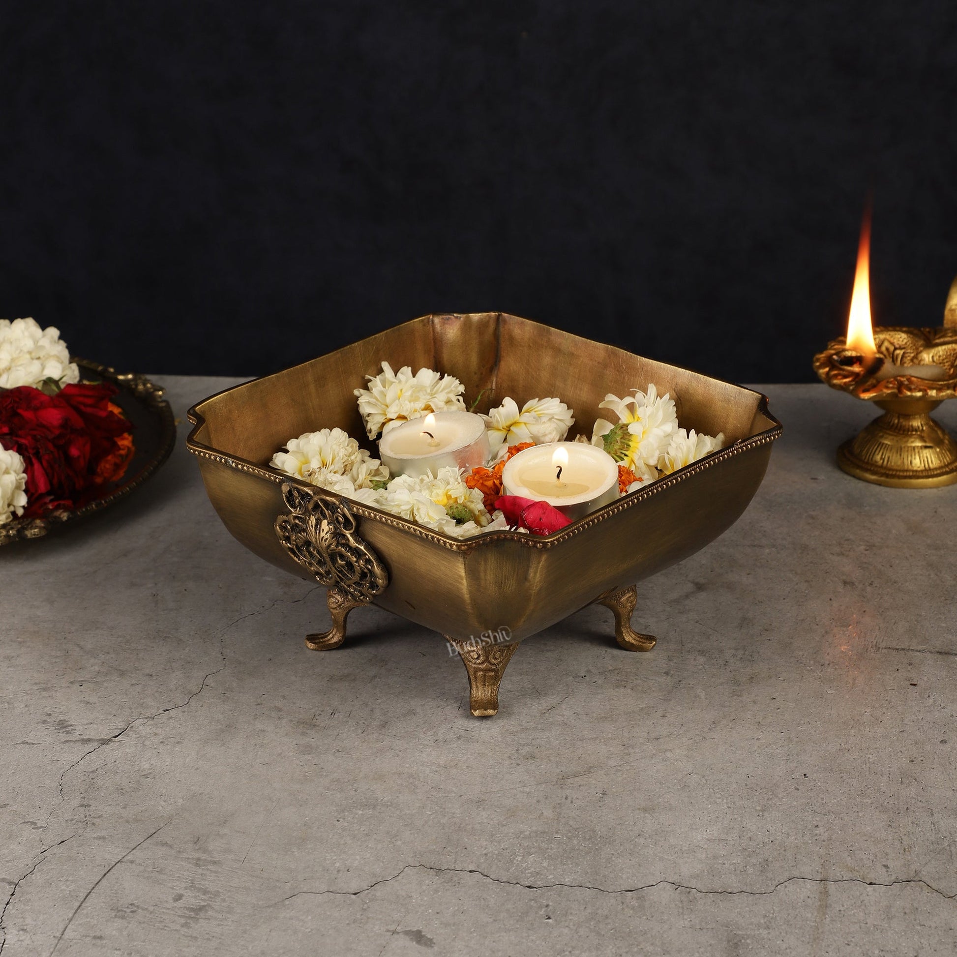 Pure Brass Square Shape Urli Multipurpose Bowl - Elegant and Versatile Decor - Budhshiv.com