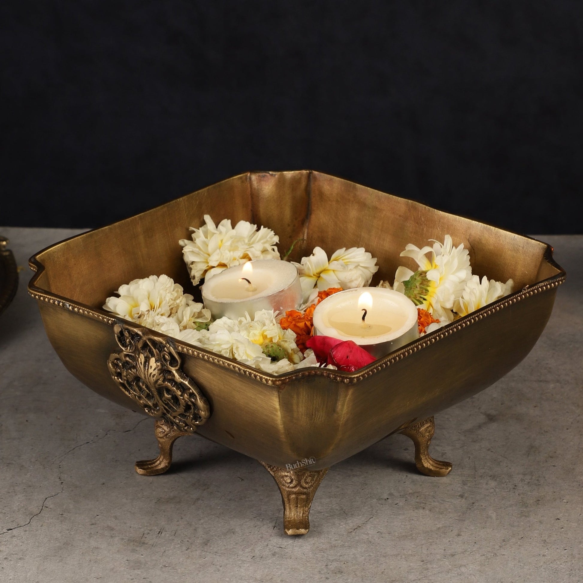 Pure Brass Square Shape Urli Multipurpose Bowl - Elegant and Versatile Decor - Budhshiv.com