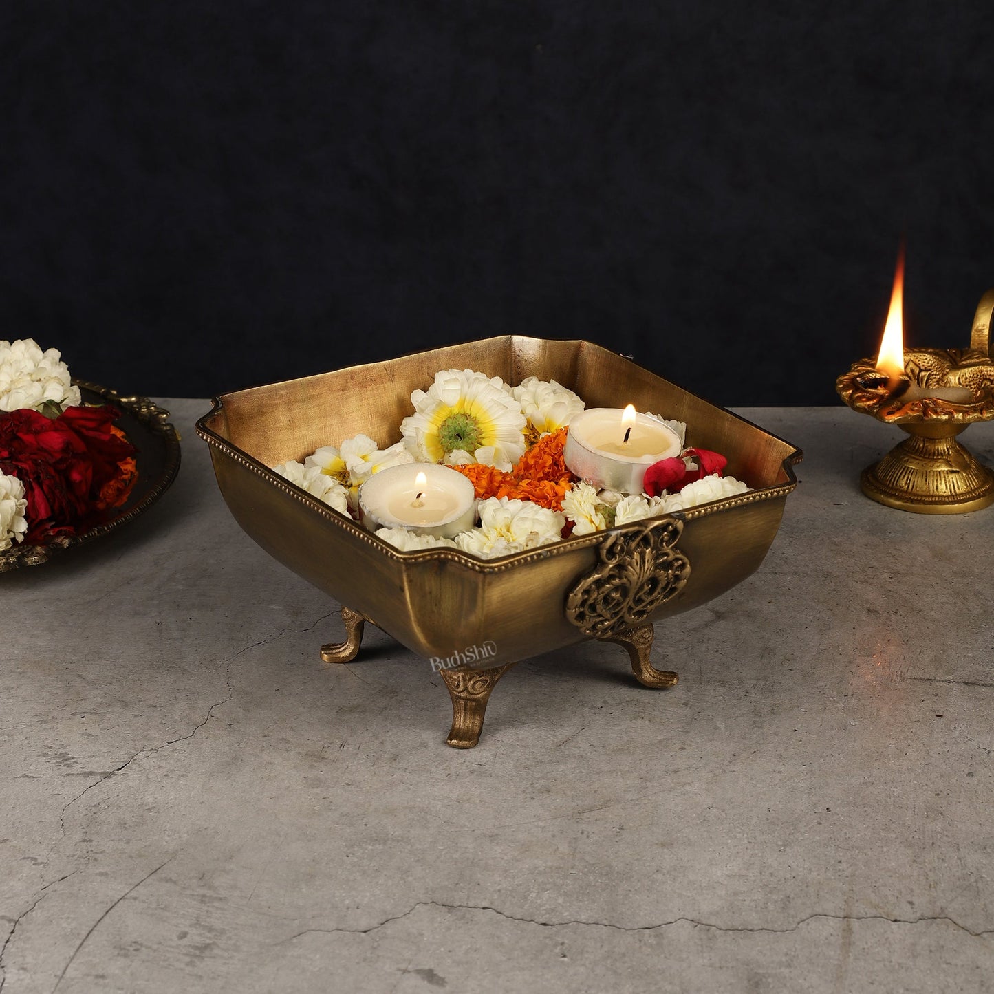 Pure Brass Square Shape Urli Multipurpose Bowl - Elegant and Versatile Decor - Budhshiv.com