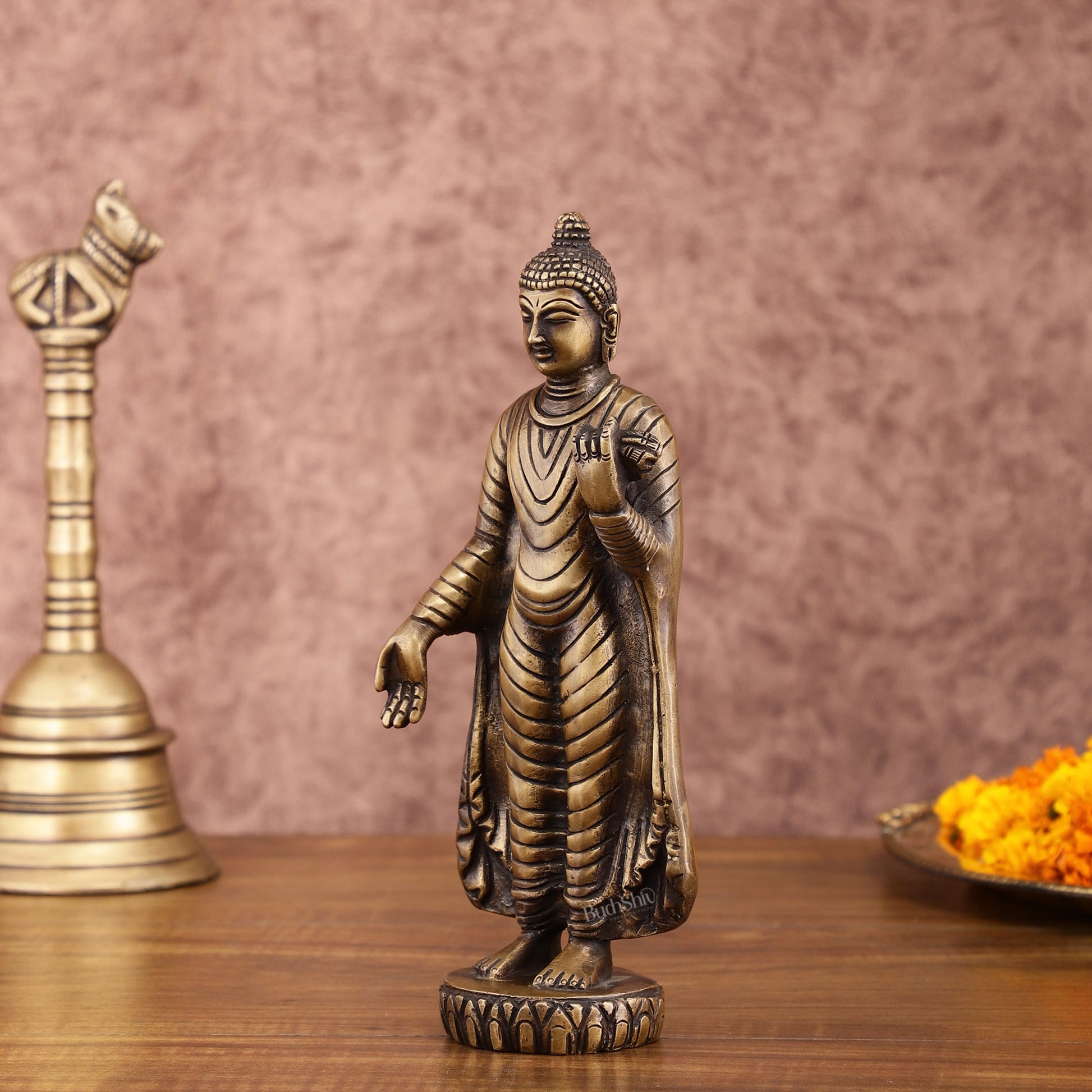 Pure Brass Standing Buddha Statue | 9 Inch Height | 1.5 Kg - Budhshiv.com