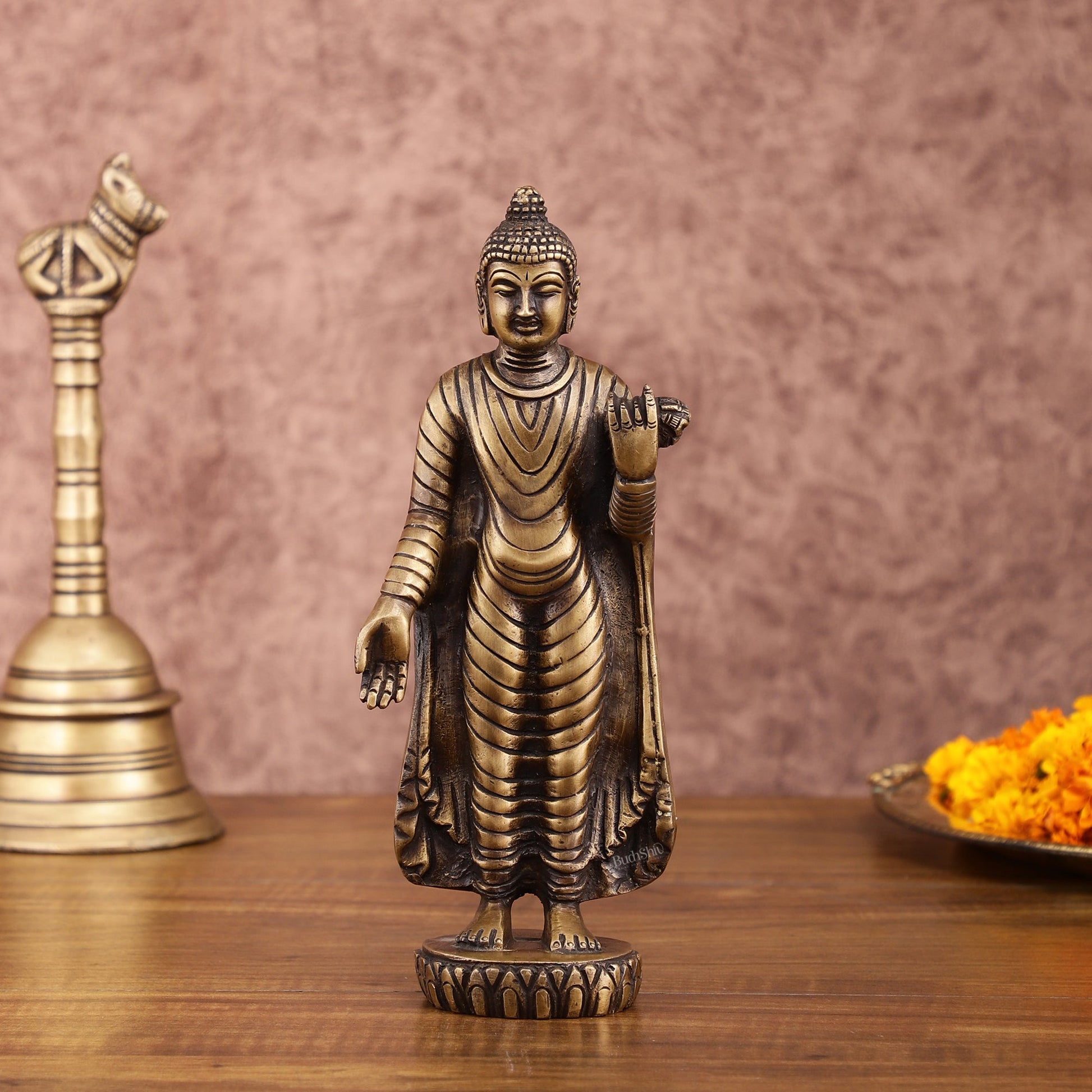 Pure Brass Standing Buddha Statue | 9 Inch Height | 1.5 Kg - Budhshiv.com
