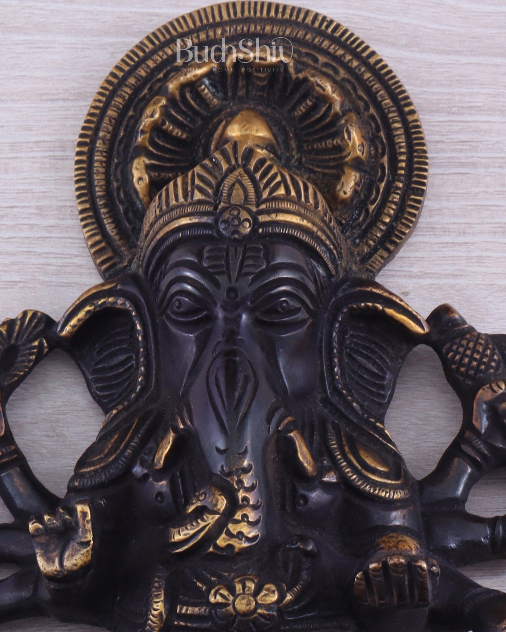 Pure Brass Standing Drishti Ganesha with Lion Wall Hanging 9" black finish - Budhshiv.com