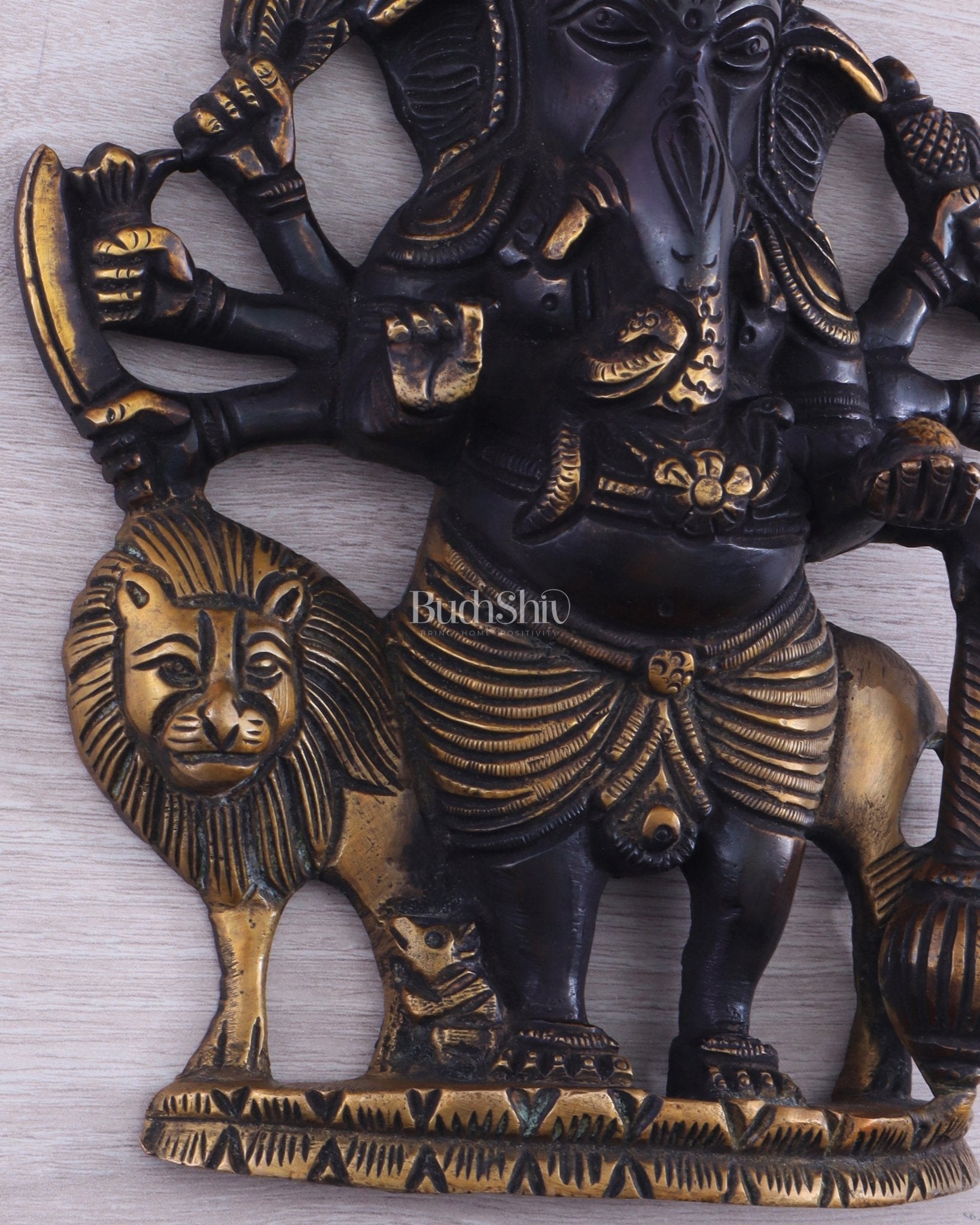 Pure Brass Standing Drishti Ganesha with Lion Wall Hanging 9" black finish - Budhshiv.com