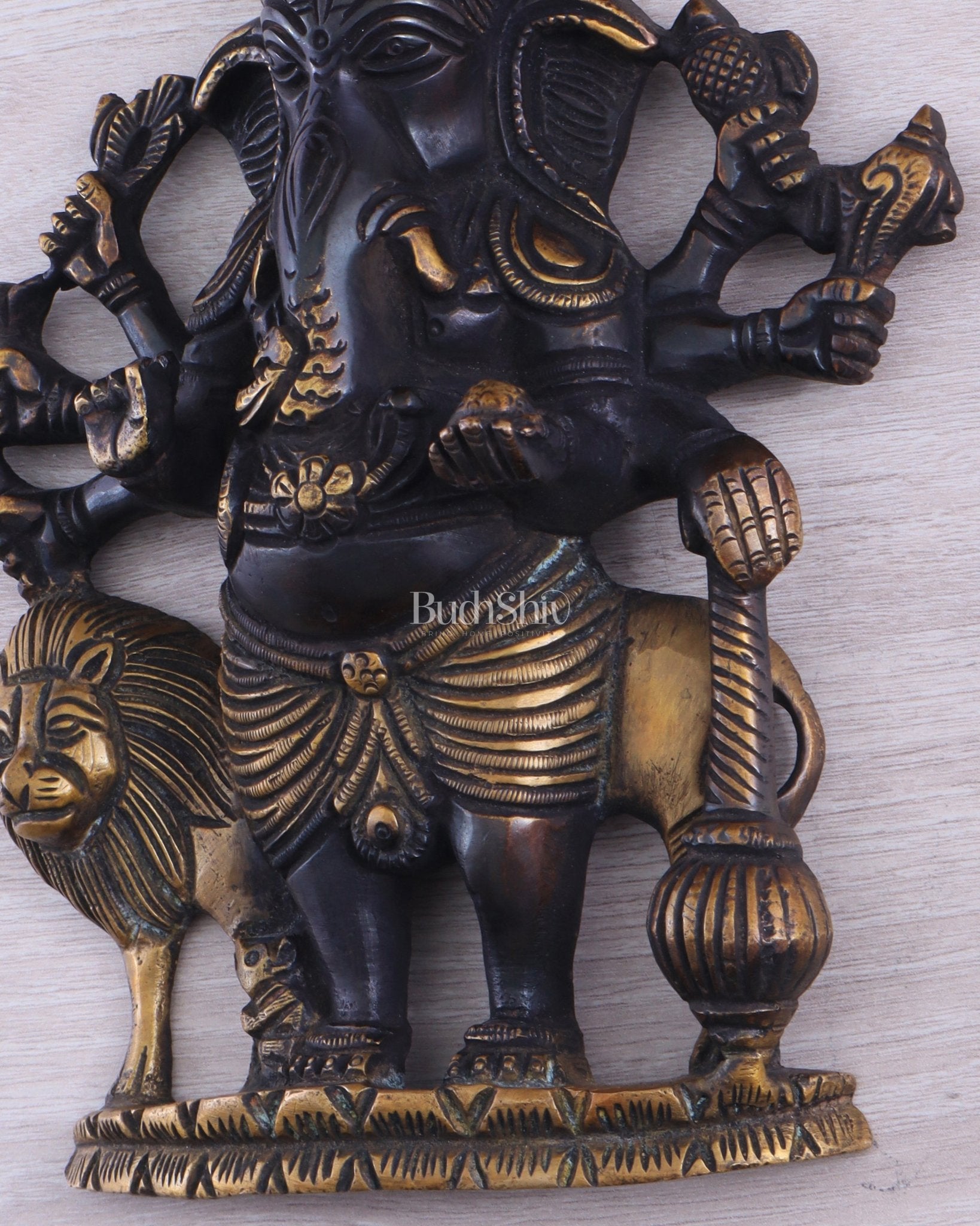 Pure Brass Standing Drishti Ganesha with Lion Wall Hanging 9" black finish - Budhshiv.com