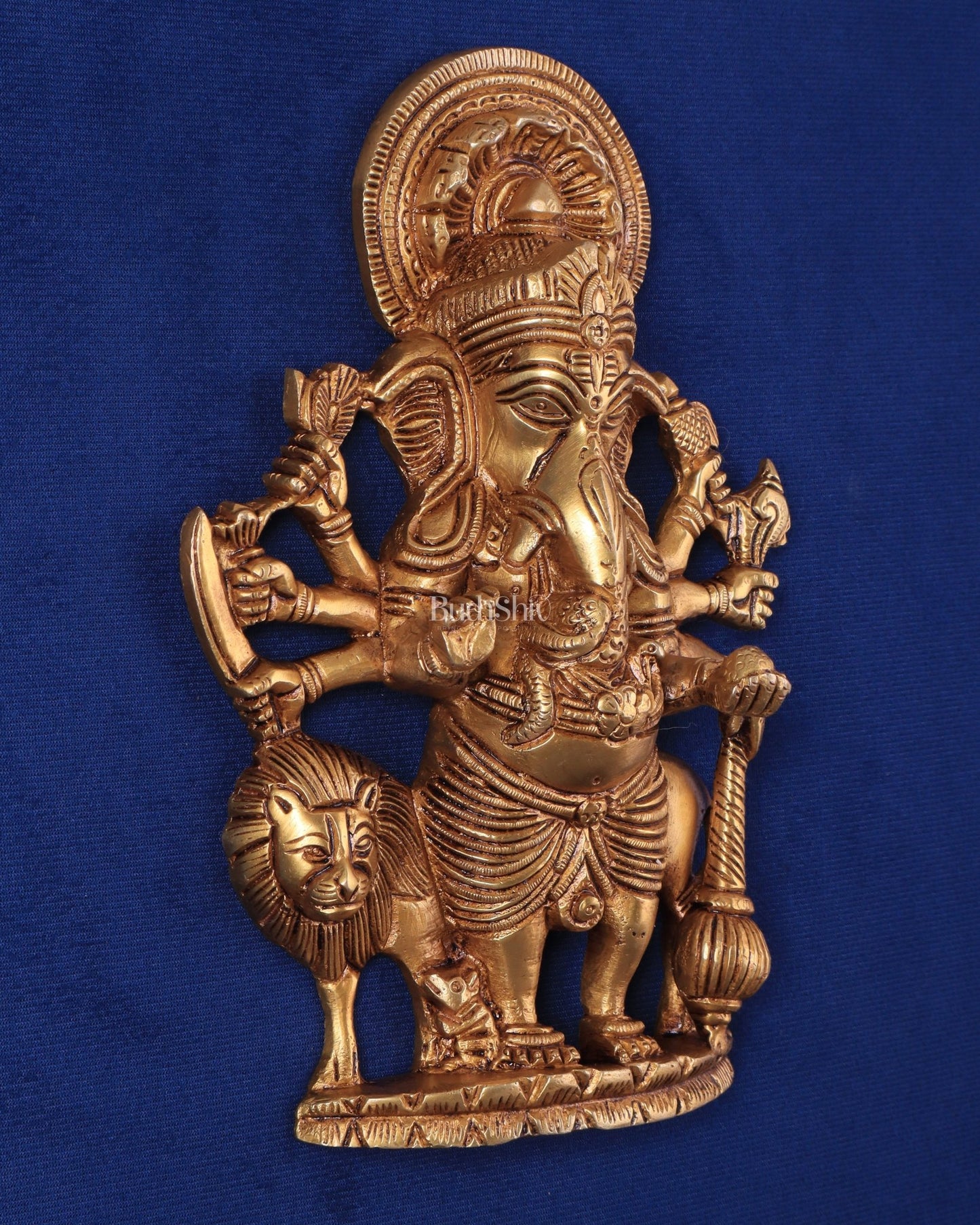 Pure Brass Standing Drishti Ganesha with Lion Wall Hanging 9" - Budhshiv.com