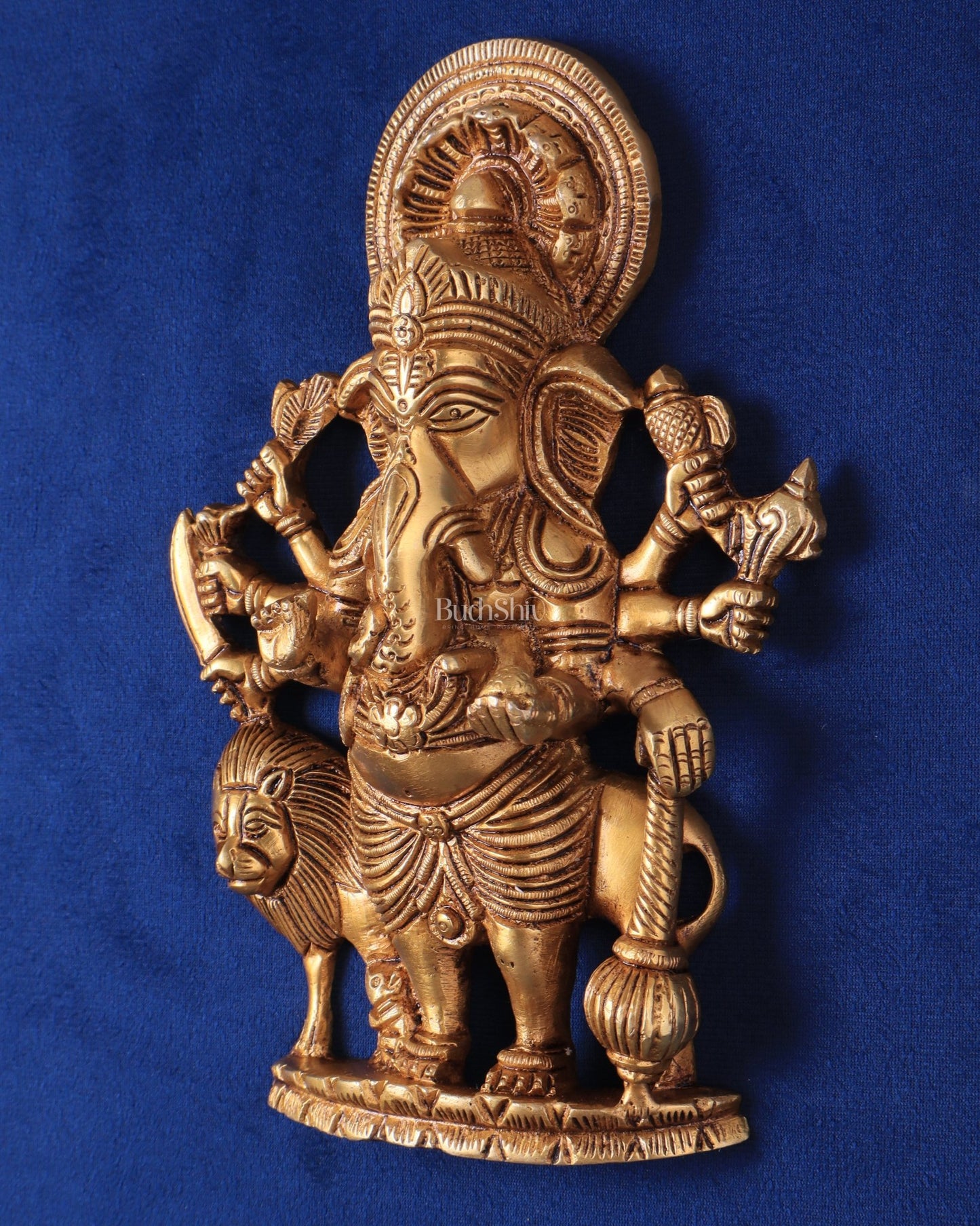 Pure Brass Standing Drishti Ganesha with Lion Wall Hanging 9" - Budhshiv.com