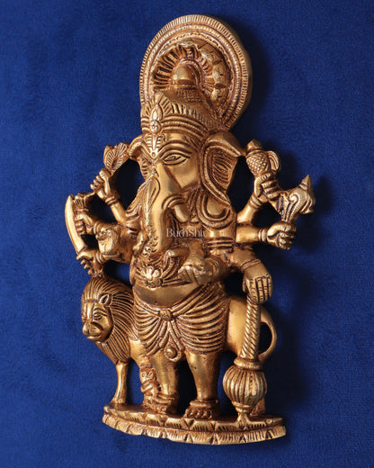 Pure Brass Standing Drishti Ganesha with Lion Wall Hanging 9" - Budhshiv.com