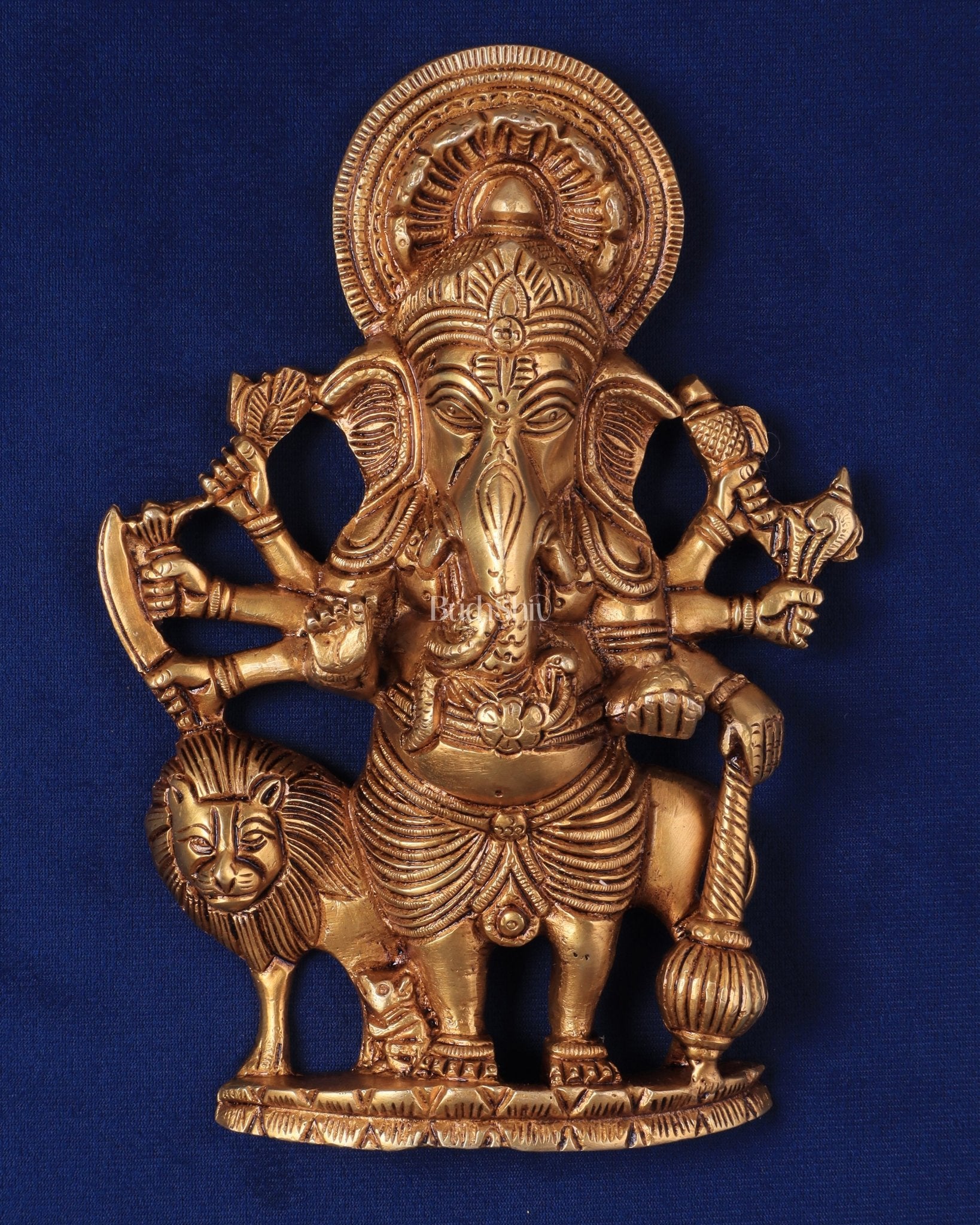 Pure Brass Standing Drishti Ganesha with Lion Wall Hanging 9" - Budhshiv.com