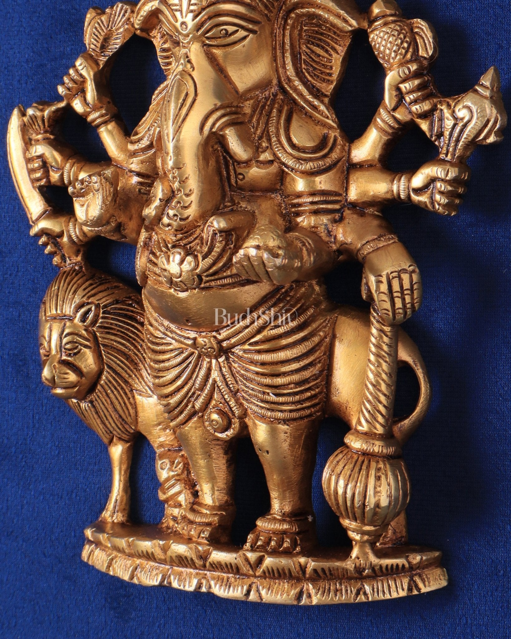 Pure Brass Standing Drishti Ganesha with Lion Wall Hanging 9" - Budhshiv.com