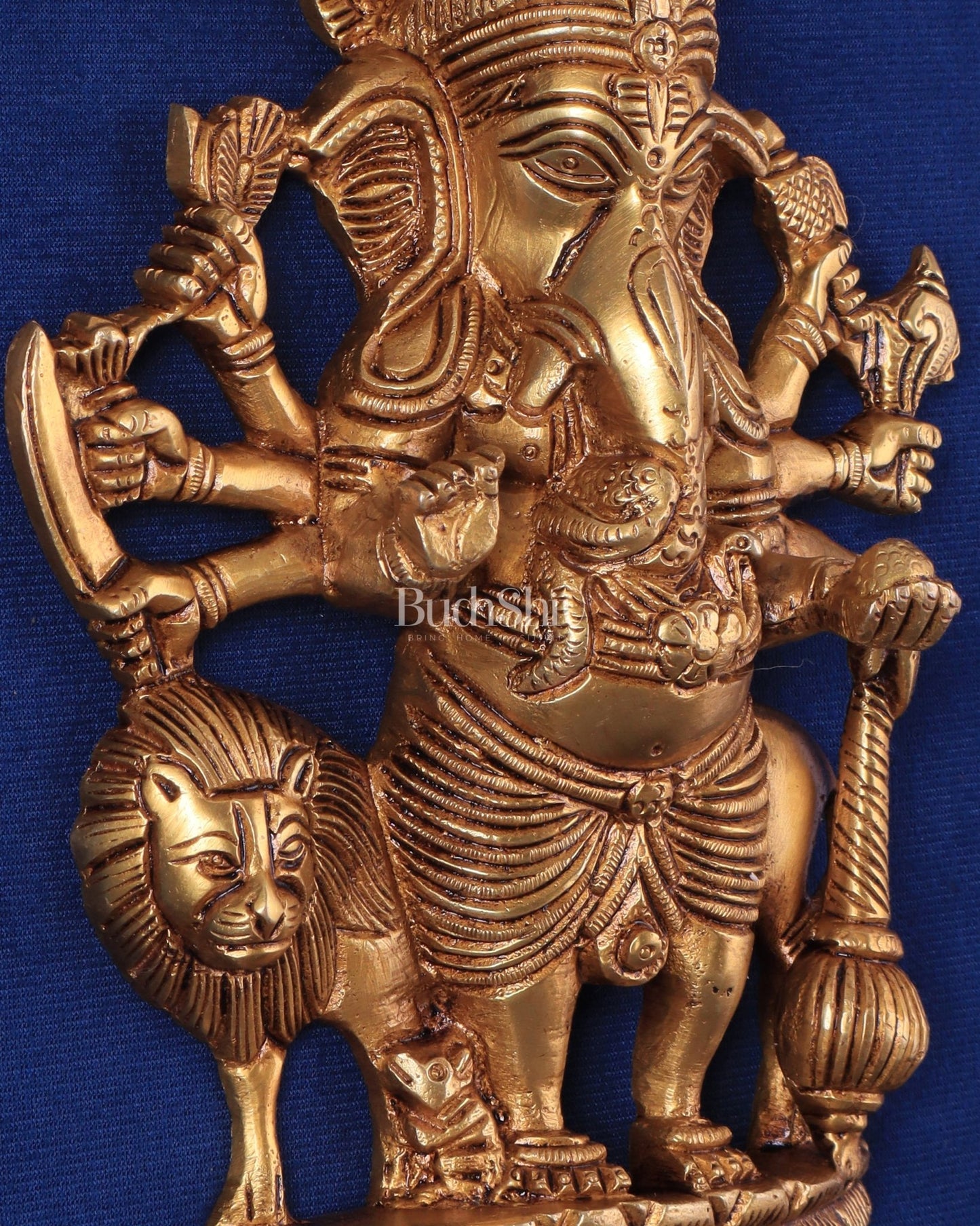 Pure Brass Standing Drishti Ganesha with Lion Wall Hanging 9" - Budhshiv.com