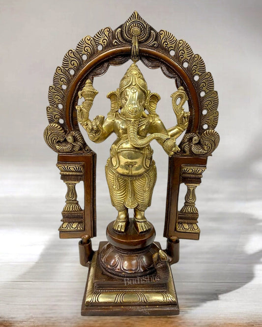 Pure Brass Standing Ganapati Statue with Prabhavali Arch 14" | Dual - Tone Finish - Budhshiv.com