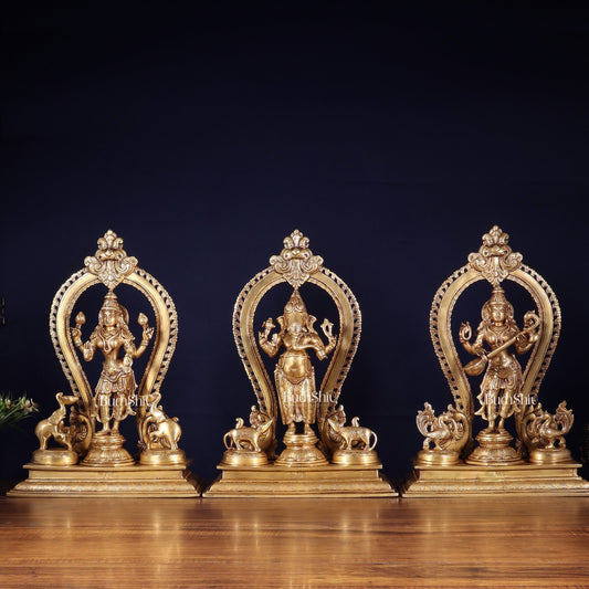 Pure Brass Standing Ganesha Lakshmi Saraswati Idol Set | 15” - Budhshiv.com