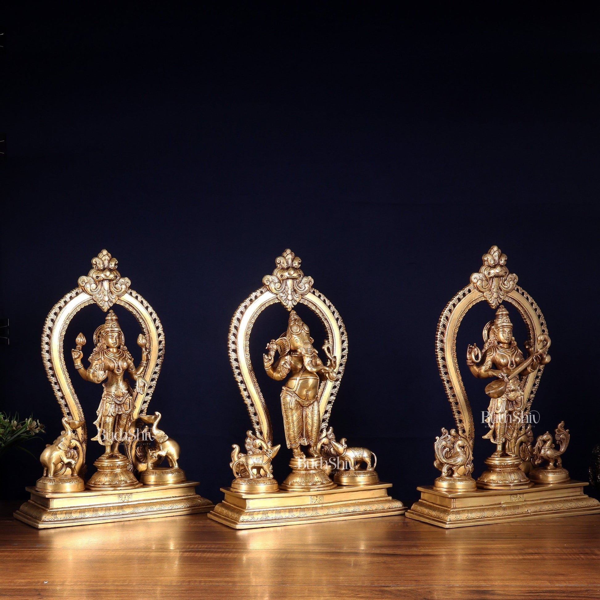 Pure Brass Standing Ganesha Lakshmi Saraswati Idol Set | 15” - Budhshiv.com