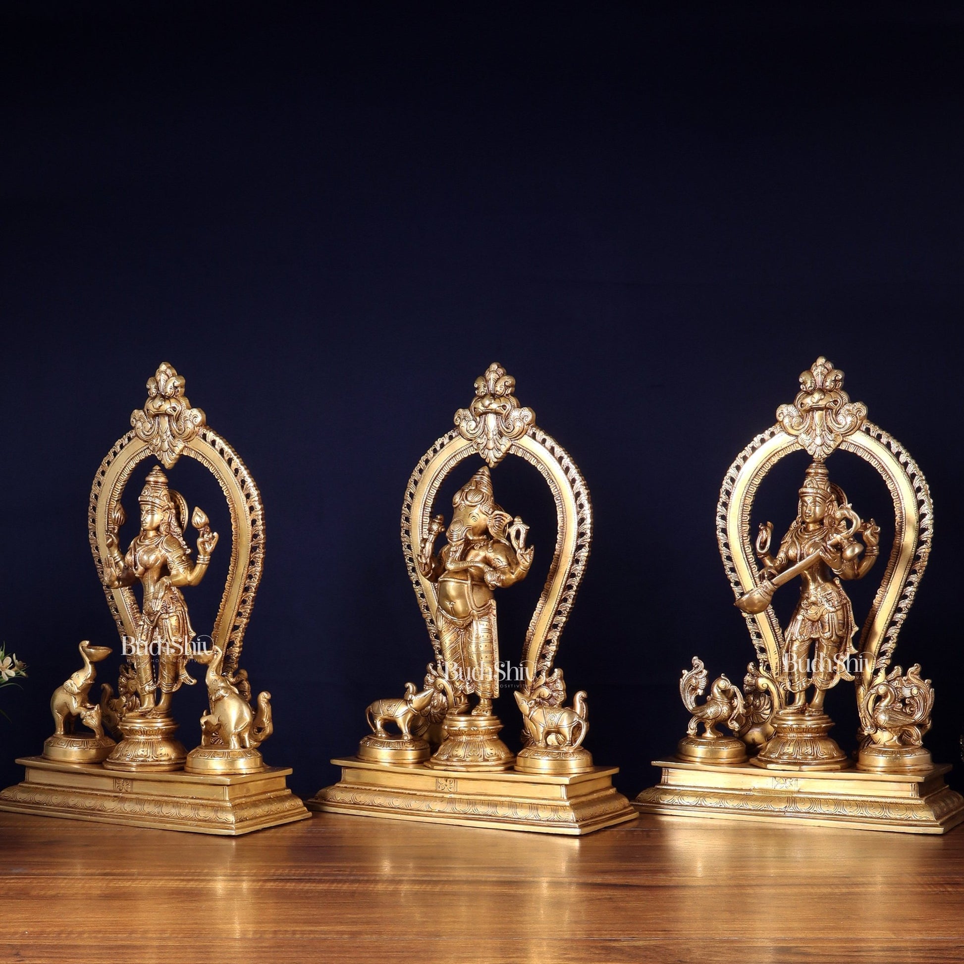 Pure Brass Standing Ganesha Lakshmi Saraswati Idol Set | 15” - Budhshiv.com