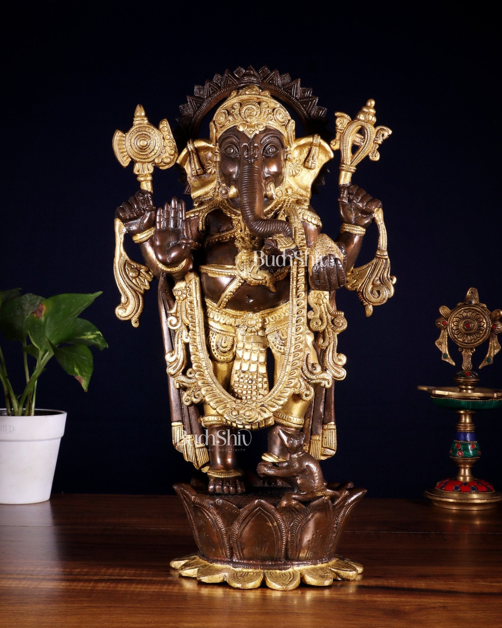 Pure Brass Standing Ganesha on Lotus Pedestal – South Indian Copper & Gold Tone Finish - Budhshiv.com