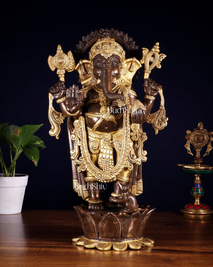 Pure Brass Standing Ganesha on Lotus Pedestal – South Indian Copper & Gold Tone Finish - Budhshiv.com