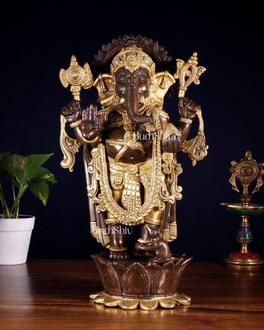 Pure Brass Standing Ganesha on Lotus Pedestal – South Indian Copper & Gold Tone Finish - Budhshiv.com