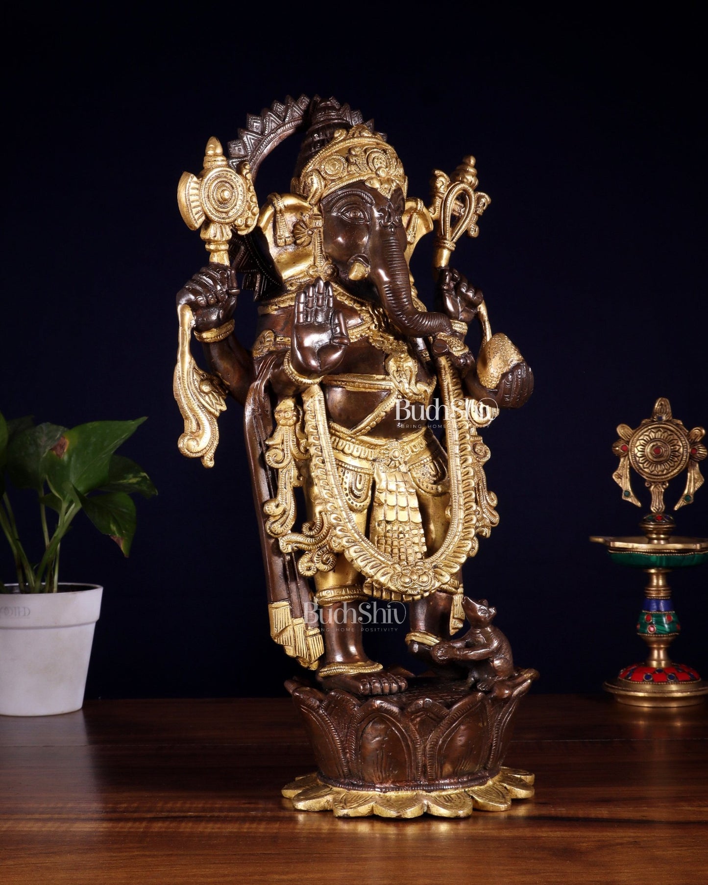 Pure Brass Standing Ganesha on Lotus Pedestal – South Indian Copper & Gold Tone Finish - Budhshiv.com