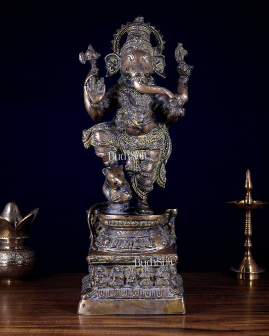 Pure Brass Standing Ganesha – Rustic Antique Finish - Budhshiv.com