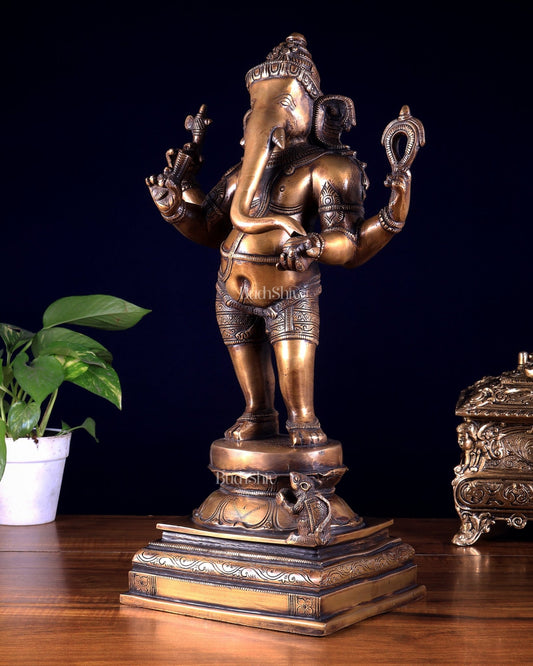 Pure Brass Standing Ganesha Sculpture – Burnt Brass Finish 18 inch - Budhshiv.com