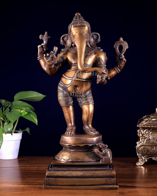 Pure Brass Standing Ganesha Sculpture – Burnt Brass Finish 18 inch - Budhshiv.com
