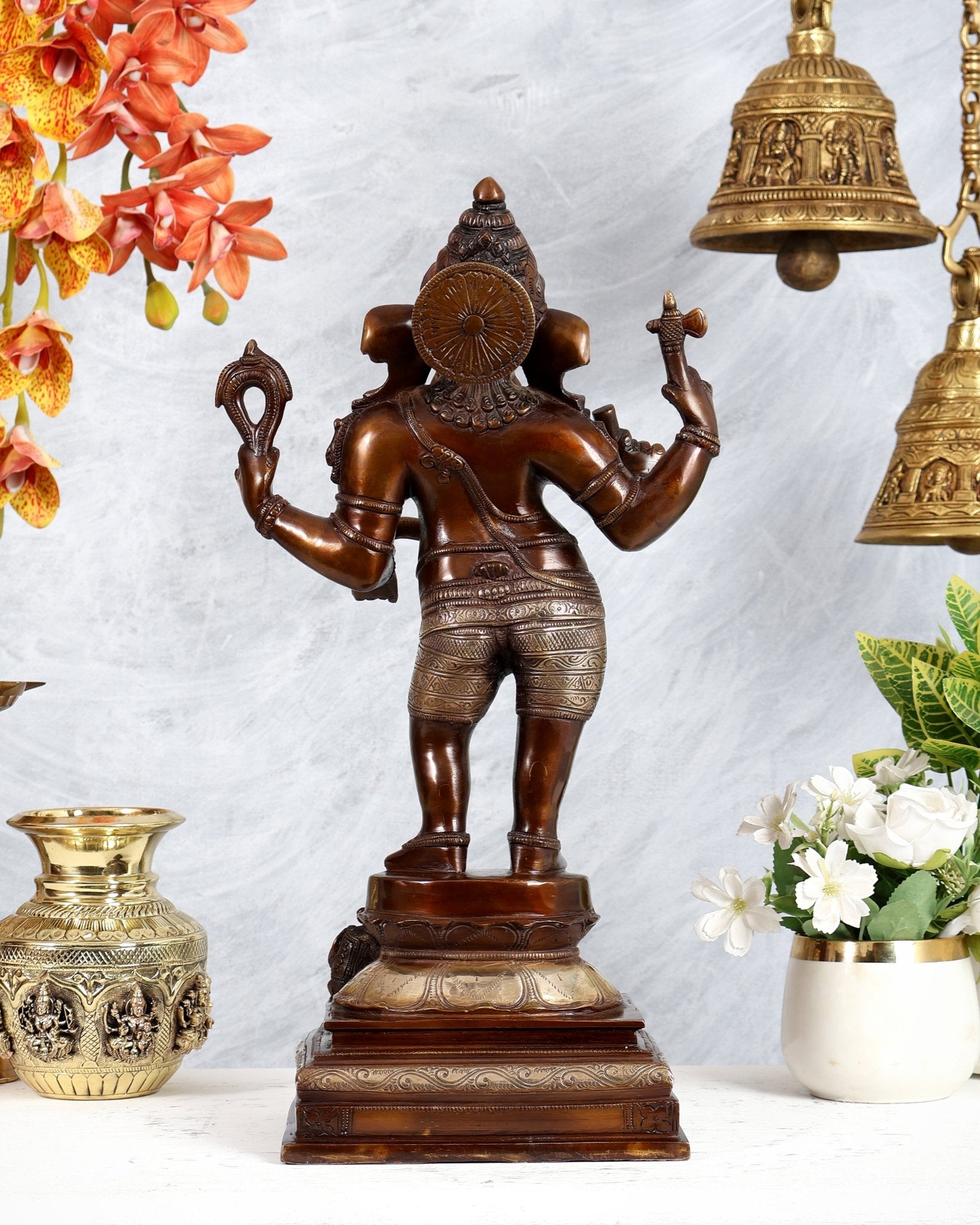 Pure Brass Standing Ganesha Sculpture dual tone 18 inch carved trunk - Budhshiv.com