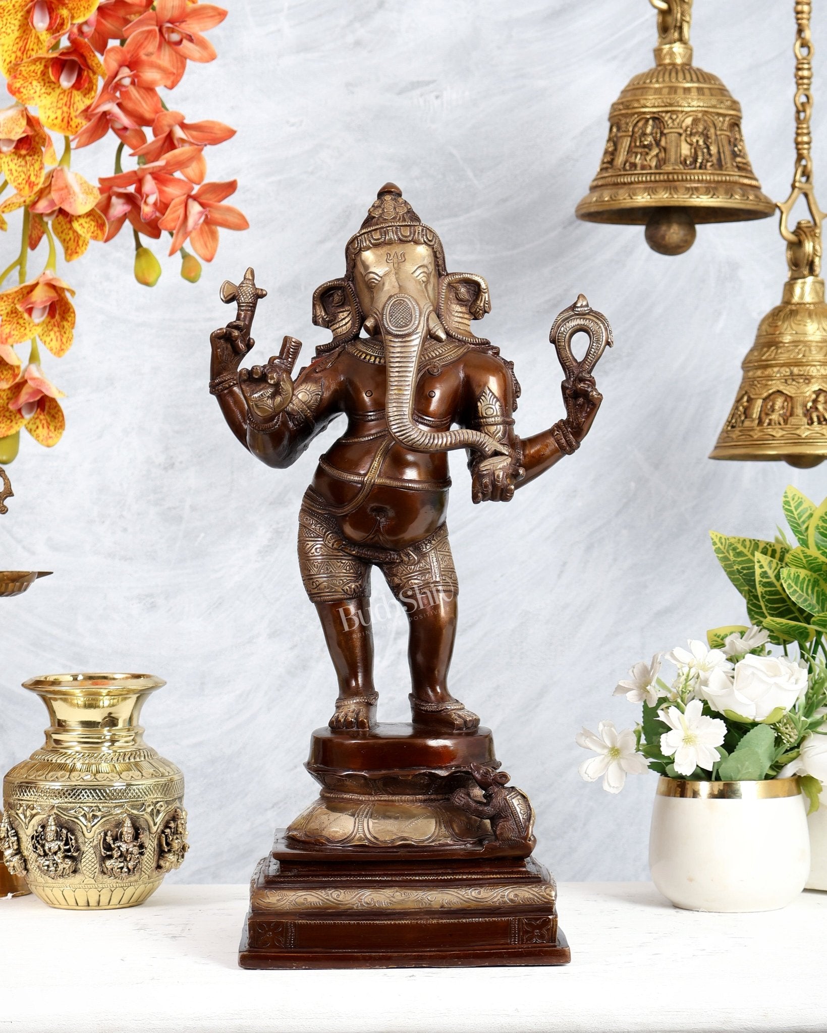 Pure Brass Standing Ganesha Sculpture dual tone 18 inch carved trunk - Budhshiv.com