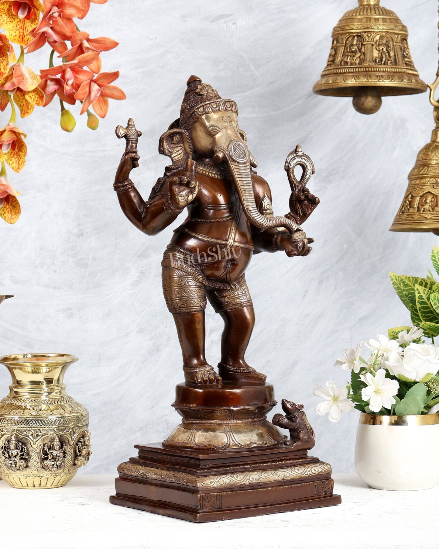 Pure Brass Standing Ganesha Sculpture dual tone 18 inch carved trunk - Budhshiv.com