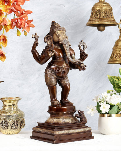 Pure Brass Standing Ganesha Sculpture dual tone 18 inch carved trunk - Budhshiv.com