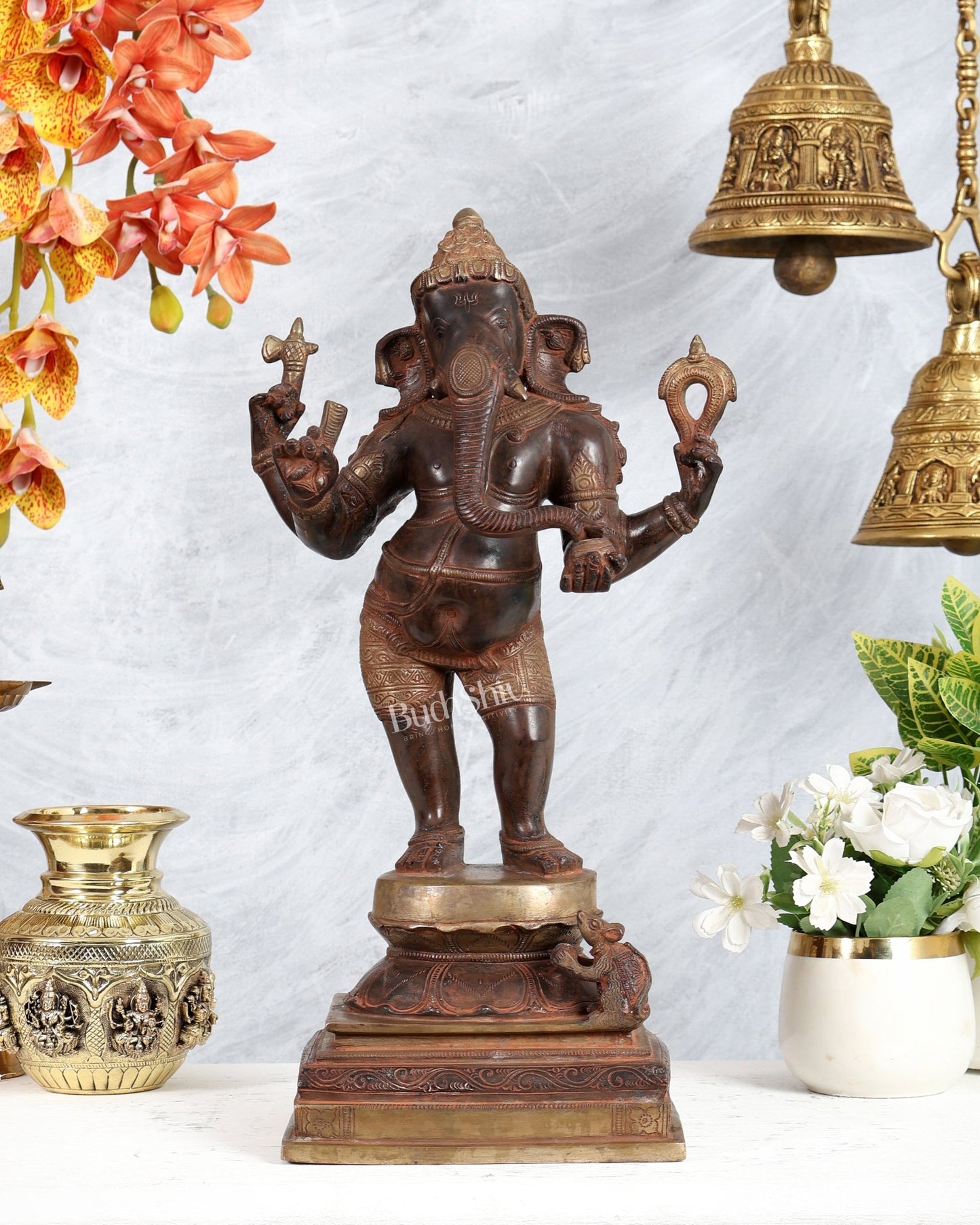 Pure Brass Standing Ganesha Sculpture dual tone 18 inch super vintage - Budhshiv.com