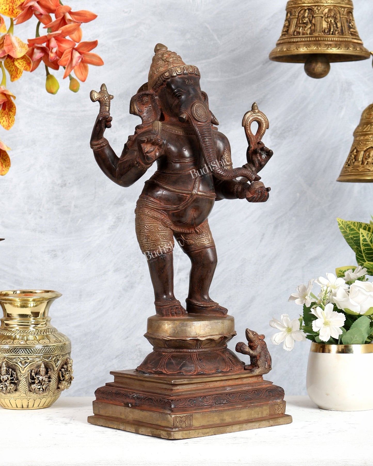 Pure Brass Standing Ganesha Sculpture dual tone 18 inch super vintage - Budhshiv.com