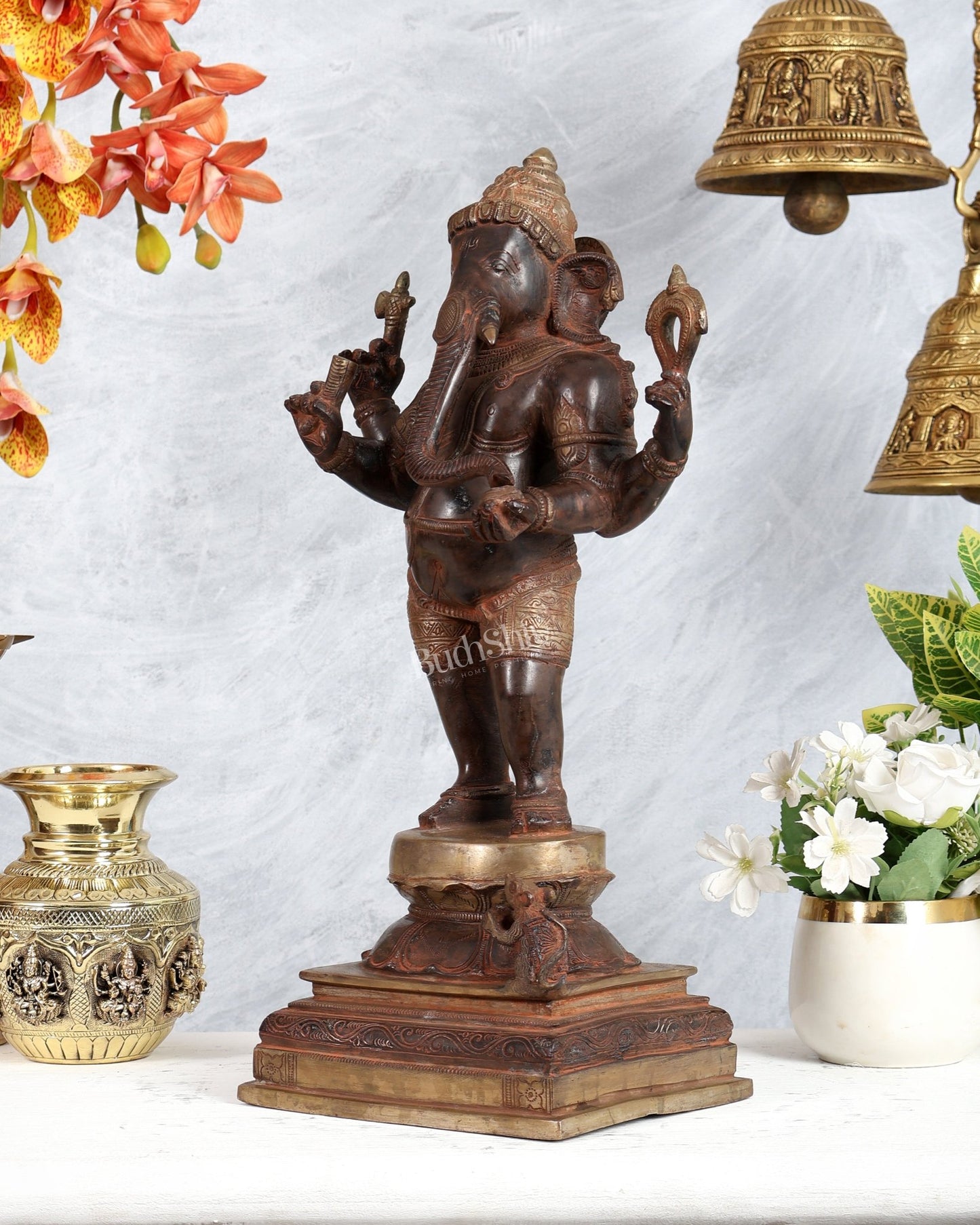 Pure Brass Standing Ganesha Sculpture dual tone 18 inch super vintage - Budhshiv.com