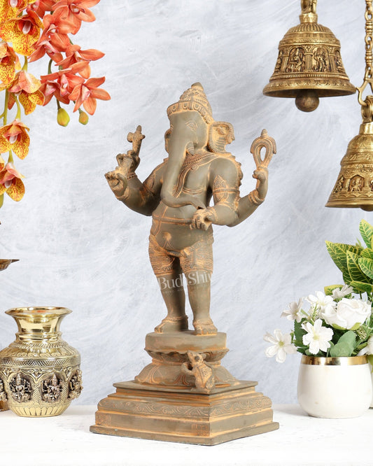 Pure Brass Standing Ganesha Sculpture – Green sand finish 18 inch - Budhshiv.com