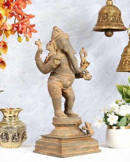 Pure Brass Standing Ganesha Sculpture – Green sand finish 18 inch - Budhshiv.com
