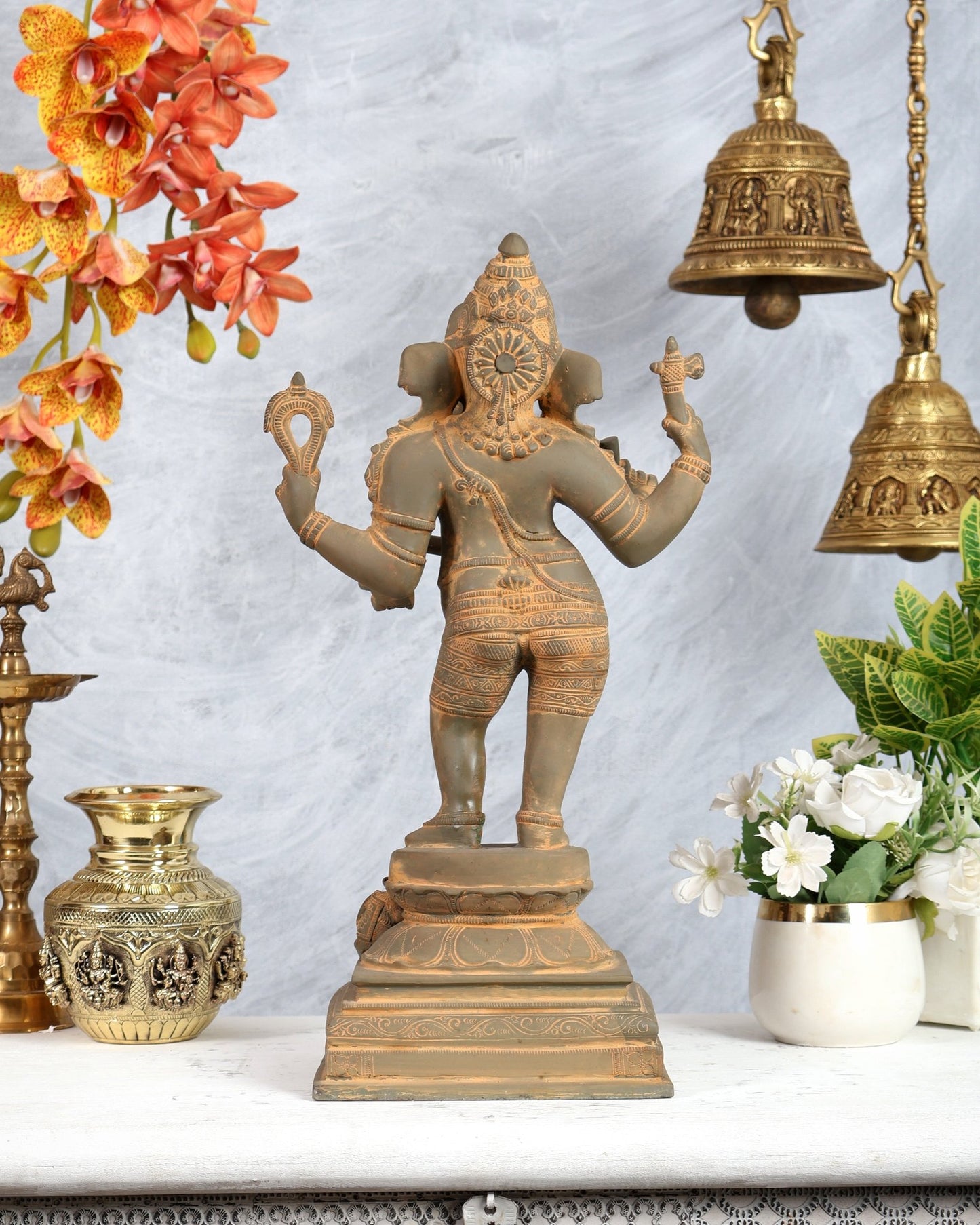 Pure Brass Standing Ganesha Sculpture – Green sand finish 18 inch - Budhshiv.com