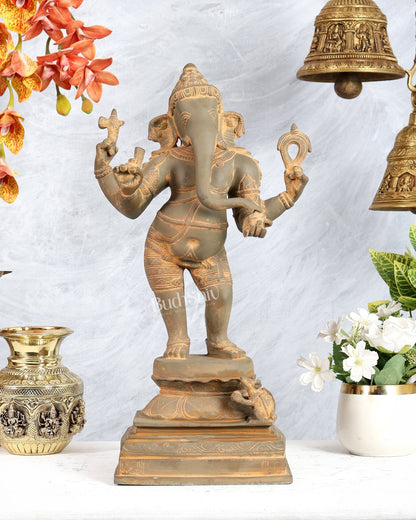 Pure Brass Standing Ganesha Sculpture – Green sand finish 18 inch - Budhshiv.com